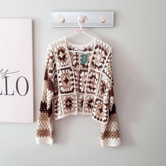 NWT Misskoo brown, cream, gold metallic fibre shimmer accent crochet cardigan - Picture 7 of 12